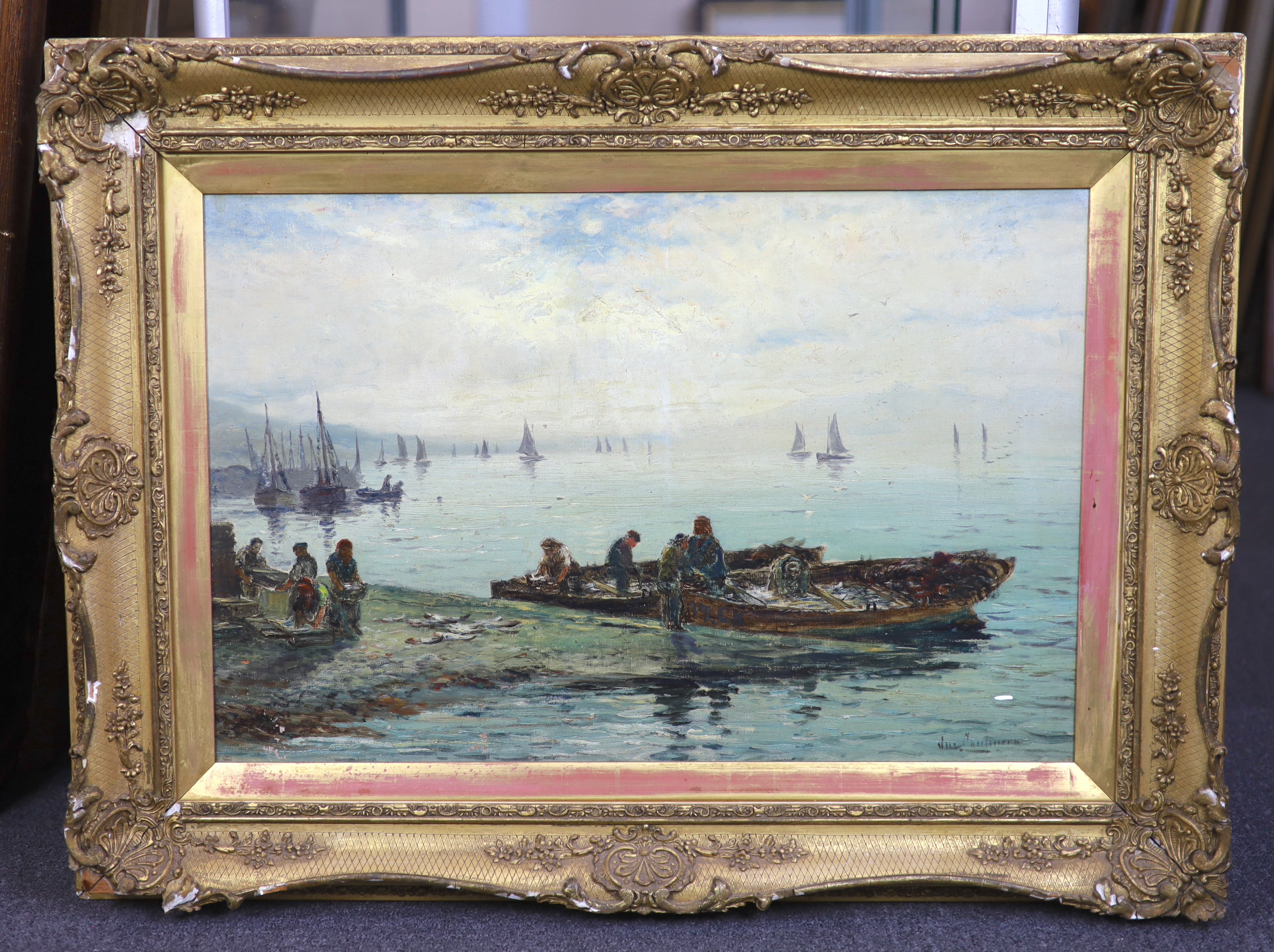 Continental School, oil on canvas, Harbour scene with moored boats and fisherfolk, indistinctly signed, 40 x 60cm